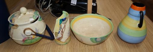 Three Clarice Cliff pots and another vase (a.f.)CONDITION: The biscuit barrel and vase are both