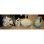 Three Clarice Cliff pots and another vase (a.f.)CONDITION: The biscuit barrel and vase are both