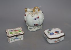 A Portuguese enamel box and cover and two other porcelain caskets, largest 13cmCONDITION: There