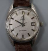 A gentleman's stainless steel Omega Seamaster automatic wrist watch, on associated lizard strap.