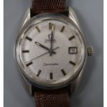 A gentleman's stainless steel Omega Seamaster automatic wrist watch, on associated lizard strap.