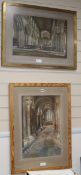 A Van Anvooy, watercolour, cathedral interior, 34 x 51cm and a church interior monogrammed L K, 52 x