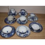 A group of Caughley, Worcester and Liverpool blue and white tea bowls, coffee cups and saucers, c.