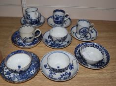 A group of Caughley, Worcester and Liverpool blue and white tea bowls, coffee cups and saucers, c.