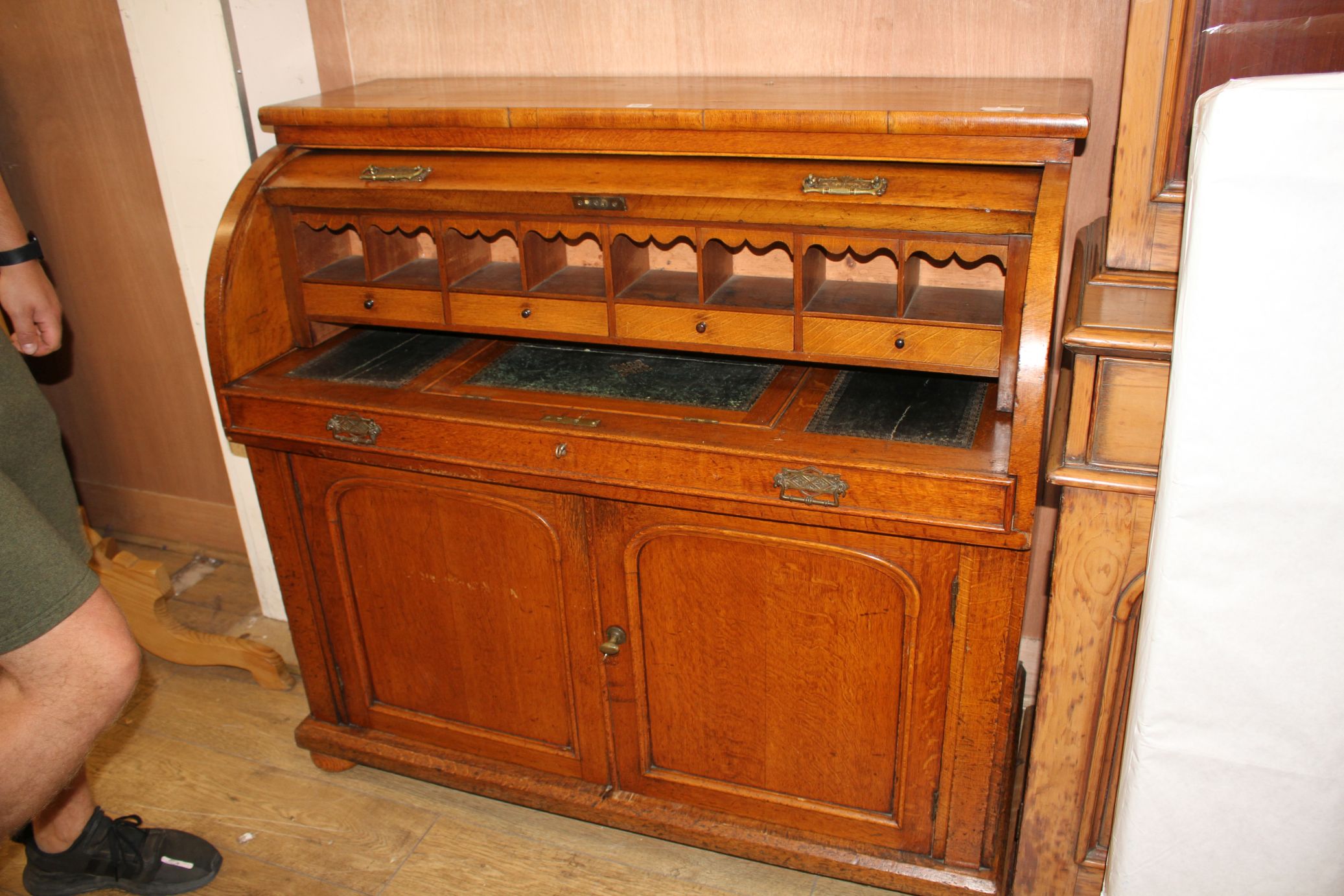 A late Victorian oak cylinder bureau, W.120cm D.56cm H.112cmCONDITION: A new piece of timber has - Image 2 of 2