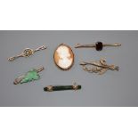Six assorted brooches, including modern 9ct cameo, two yellow metal and jade, 9ct and garnet, 9ct