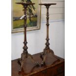 A pair of George I style carved mahogany tripod candle stands, Diameter 22cm, H.77cm