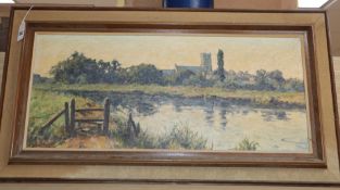 Ernest Knight (1915-1995), oil on canvas board, Church viewed from a river bank, signed, 29 x