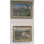 Ernest Knight (1915-1995), two oils, stream beside an orchard and a dockyard scene, both signed,