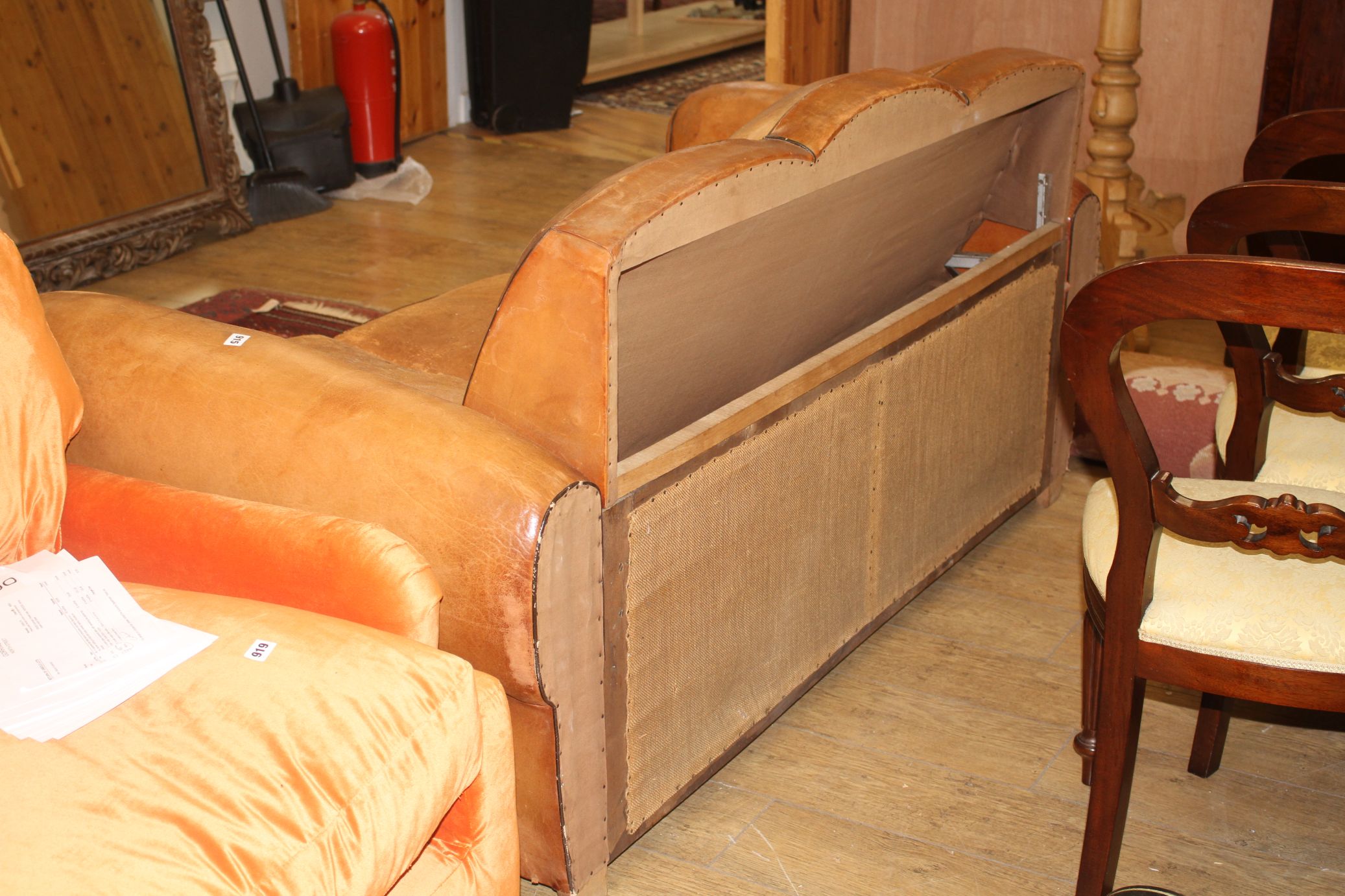 A French 1940's moustache back leather three seater sofa / sofa bed, W.188cm D.88cm H.89cm - Image 2 of 2