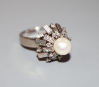 A modern 14k white metal, cultured pearl and diamond cluster dress ring, size L, gross weight 6.9
