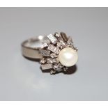 A modern 14k white metal, cultured pearl and diamond cluster dress ring, size L, gross weight 6.9