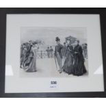 W. Small, monochrome gouache, Edwardians on the promenade, signed and dated 1889, probably a book or