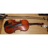 A French violin labelled 'J.B. Henry a Paris 1823' and two bows