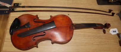 A French violin labelled 'J.B. Henry a Paris 1823' and two bows