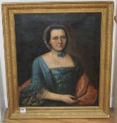 18th century English School, oil on canvas, Portrait of a lady wearing a blue dress, 72 x