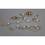 A 9ct gold and peridot pendant, a 14ct gold plated and cultured pearl necklace, a similar 9ct