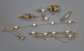 A 9ct gold and peridot pendant, a 14ct gold plated and cultured pearl necklace, a similar 9ct