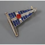 A 20th century yellow metal, sapphire, diamond and enamel set pennant brooch, 27mm, gross 4.4