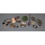 Mixed collectables including costume jewellery, silver pill box, carved amethyst pendant and a