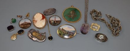 Mixed collectables including costume jewellery, silver pill box, carved amethyst pendant and a