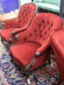 A Victorian walnut spoonback armchair, H.88cm W.66cm and a similar oak spoonback armchair, H.