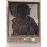 A French oak framed stained glass panel of a saint