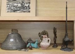 Two brass deities, an Indus Valley? terracotta jug, oil lamps etc