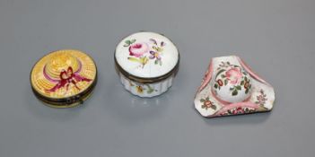 Two hat shaped pill boxes, one Limoges and an early 19th century English enamelled patch box