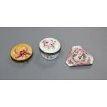 Two hat shaped pill boxes, one Limoges and an early 19th century English enamelled patch box