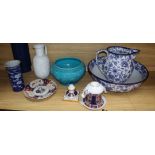A quantity of mixed ceramics including a Burmantofts jardiniere, an Imari dish, etc.