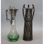 An Art Nouveau pewter mounted etched glass claret jug and a vase, tallest 36cmCONDITION: Good