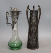 An Art Nouveau pewter mounted etched glass claret jug and a vase, tallest 36cmCONDITION: Good