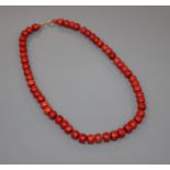 A single strand coral bead necklace, with gilt metal clasp, 47cm, gross weight 64 grams.CONDITION: