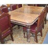 A late Victorian carved oak extending dining table, L.232cm extended (one spare leaf), W.120cm, H.