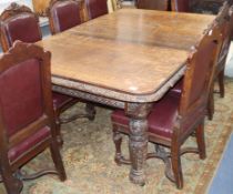 A late Victorian carved oak extending dining table, L.232cm extended (one spare leaf), W.120cm, H.