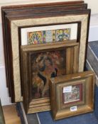 A 19th century oil on zinc icon, 24 x 16cm and a group of decorative prints including gothic