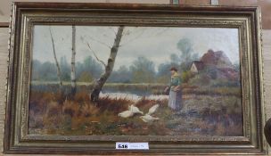 James Paulter (1825-1921), oil on canvas, 'Feeding the geese', signed, 29 x 51.5cmCONDITION: