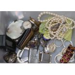 A mixed group of collectables including three wrist watches, costume jewellery and silver