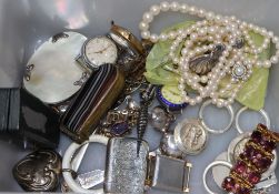 A mixed group of collectables including three wrist watches, costume jewellery and silver