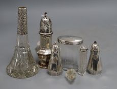 A George V silver sugar caster,16cm, a pair of Elkington & Co Art Deco silver pepperettes and