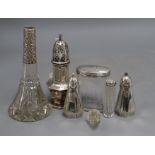 A George V silver sugar caster,16cm, a pair of Elkington & Co Art Deco silver pepperettes and