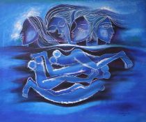 Laxman Pai (Indian, b.1926), acrylic on canvas, 'Swimming Pool', signed and dated '79, 51 x