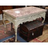 A Louis XV style marble top gilt centre table, W.150cm., D.74cm., H.89cm.
