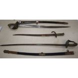 Two officer's swords and a bayonet