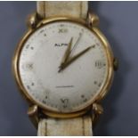 A gentleman's Swiss 750 yellow metal Alpha manual wind wrist watch, on associated strap, with case