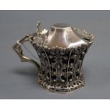 A Victorian pierced silver mustard, with flared rim and blue glass liner, J & J Angell, London,