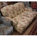 A Howard style upholstered two seater settee, W.150cm., D.110cm, H.80cm