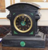 A Victorian slate and malachite mantel clock, height 32cm