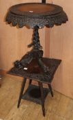 A 19th century Indian carved wood tripod table, Diam.64cm H.70cm and a similar square top two tier